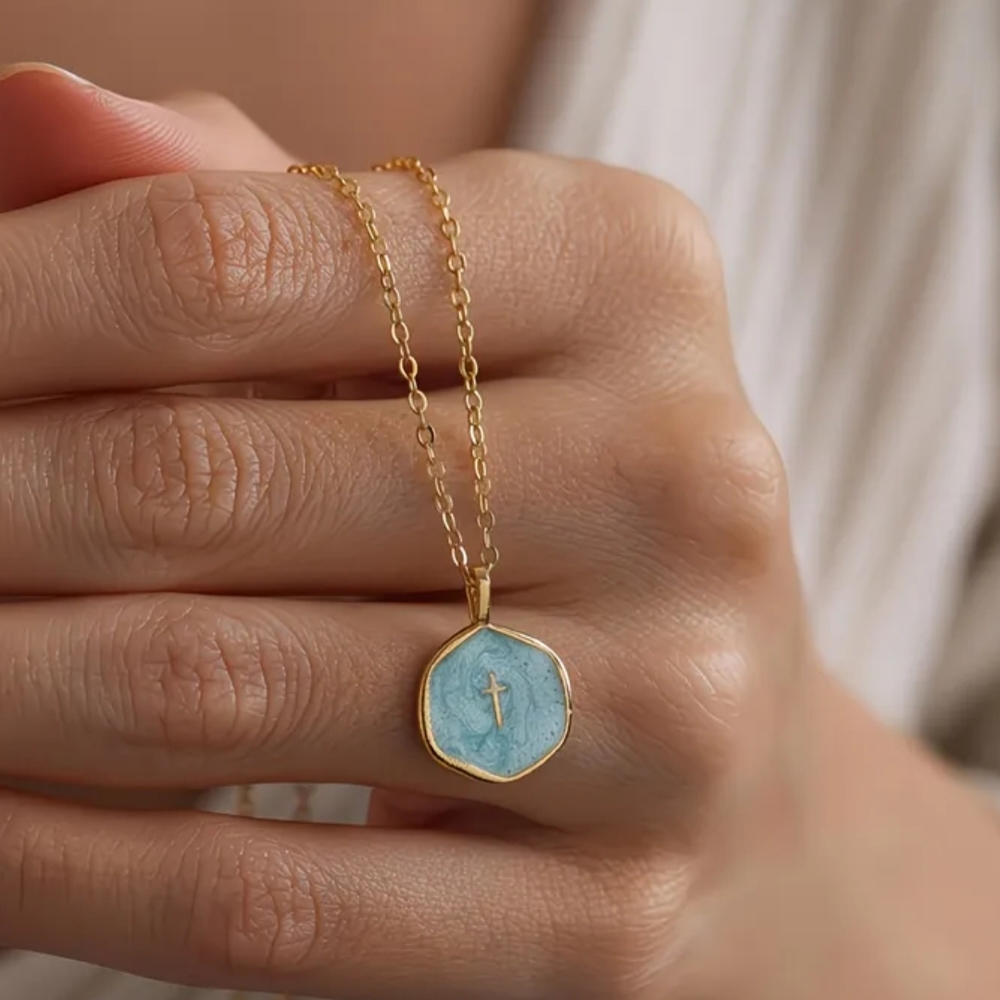 Gold Teal Blue Enamel Necklace